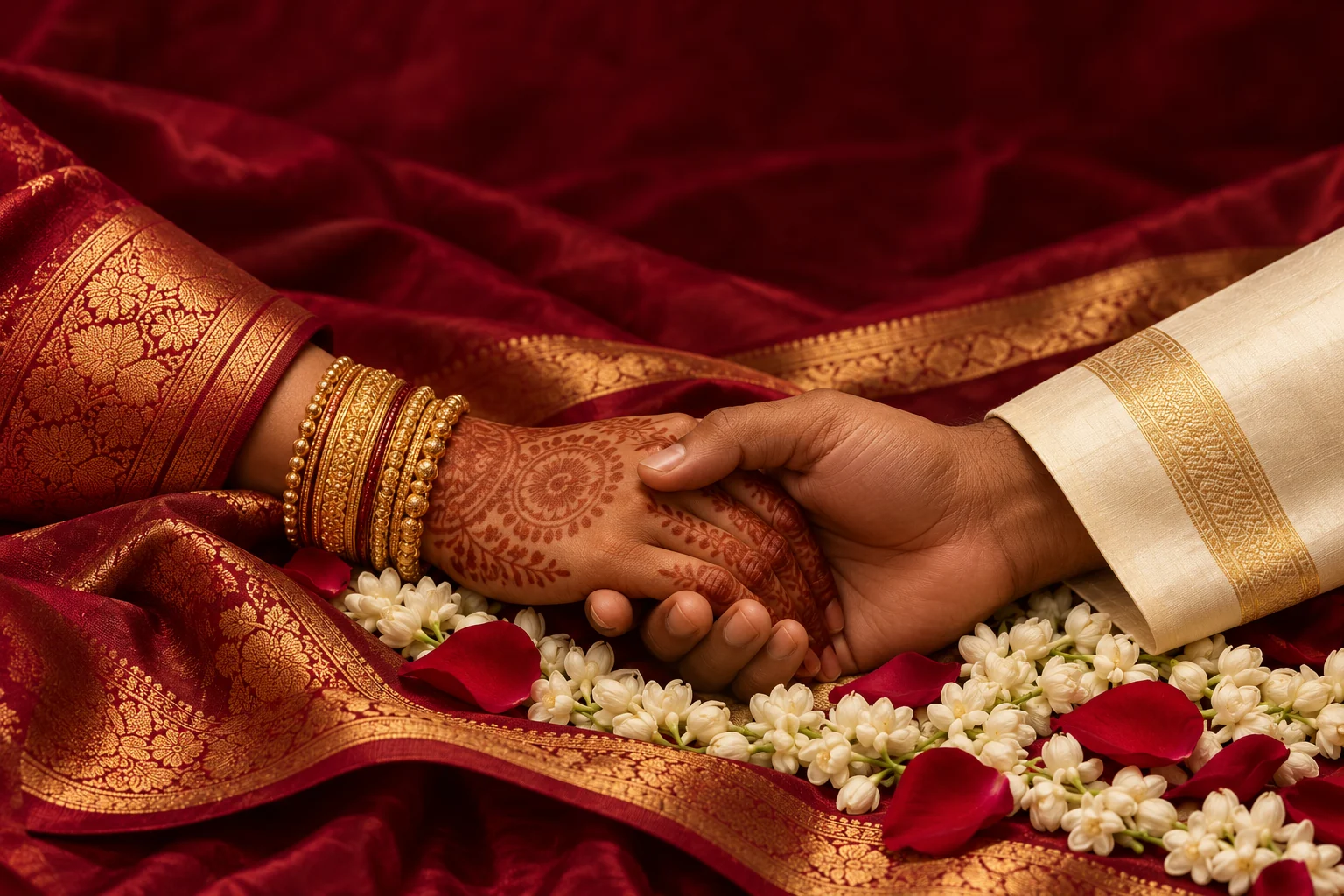 Illustration of a bride and groom holding hands over jasmine and crimson wedding silk