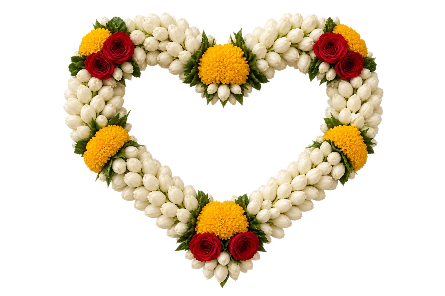 A heart-shaped wedding maalai woven with jasmine, marigolds, and roses