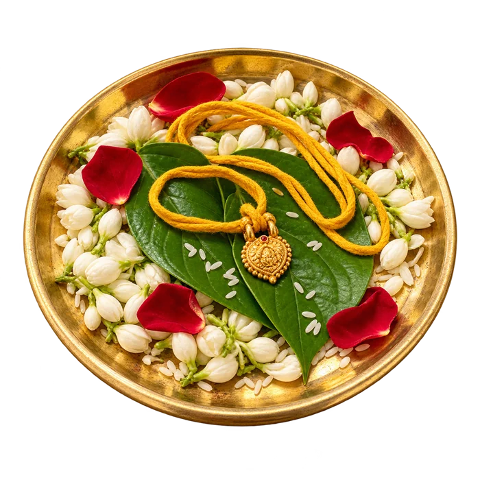 A gold thaali on turmeric-yellow thread, nestled among jasmine and betel leaves