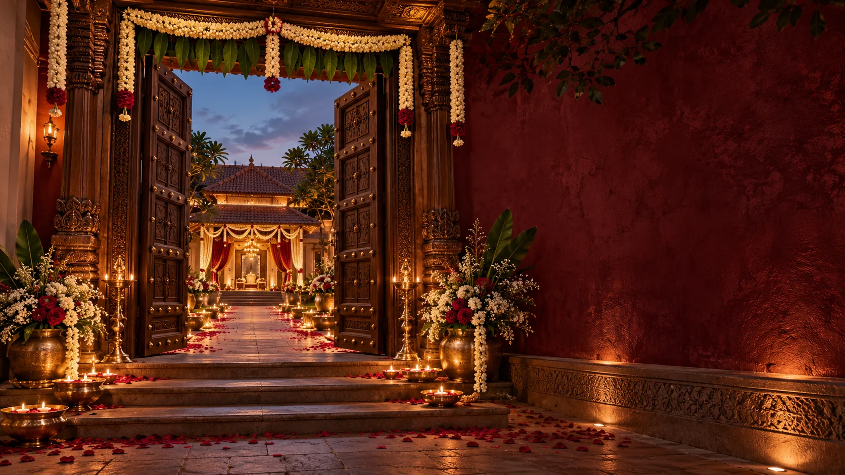 An imagined flower-lit Chettinad wedding courtyard, with open carved wooden doors